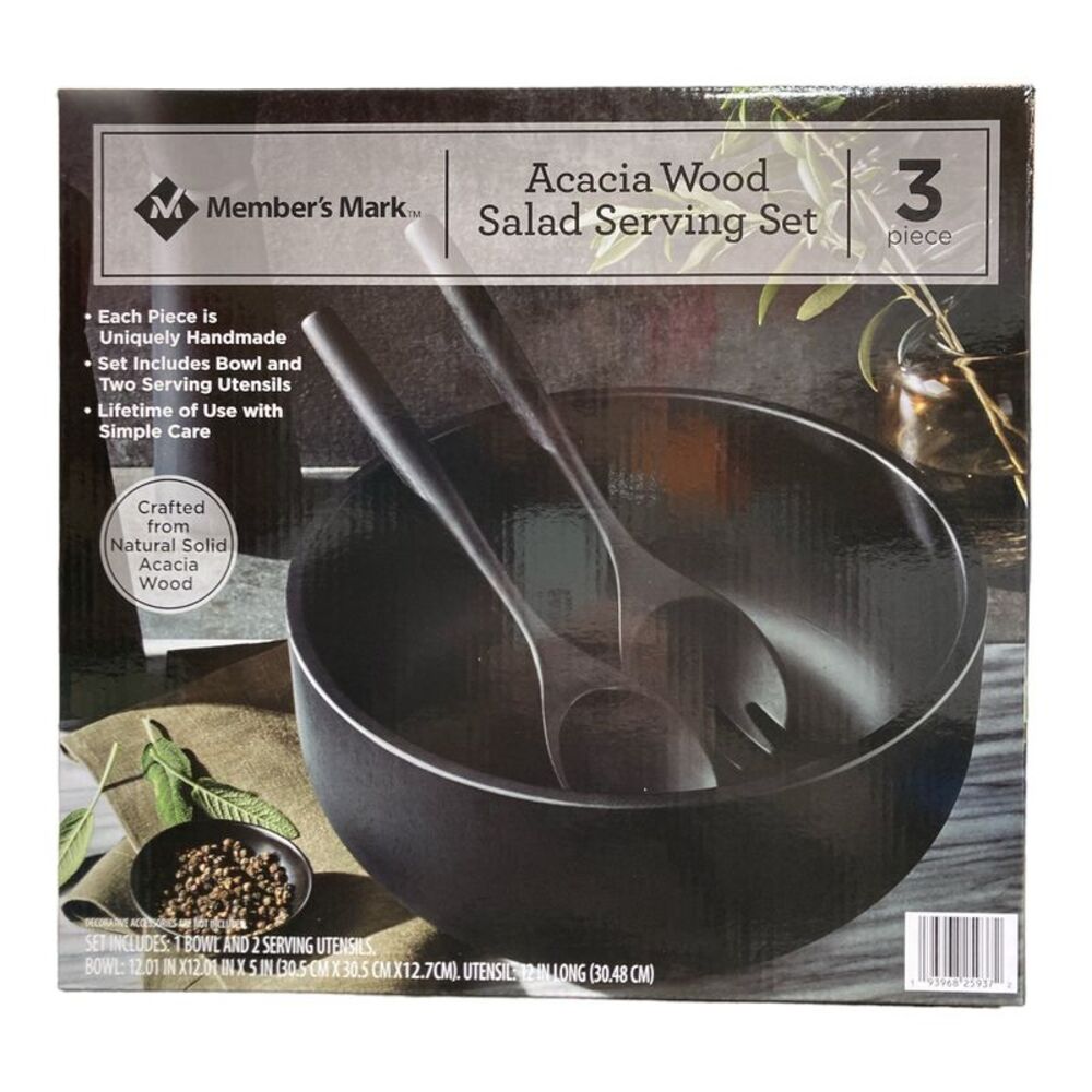Member's Mark 12" Acacia Wood Salad Bowl with Serving Utensils, Black